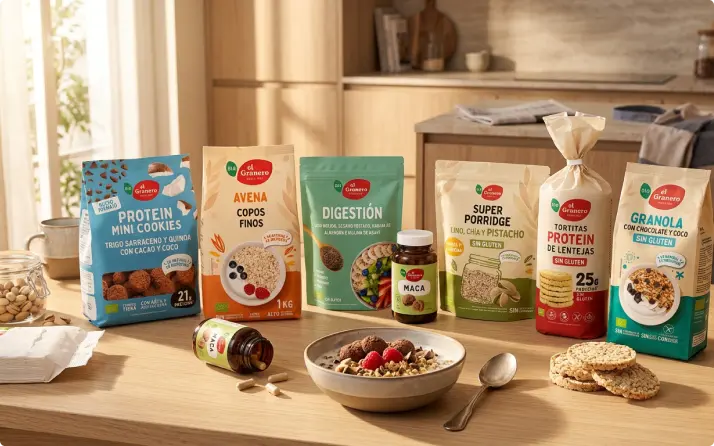 Productos ecológicos de El Granero Integral, como avena, granola, porridge, snacks proteicos y suplementos, sobre una mesa de cocina.