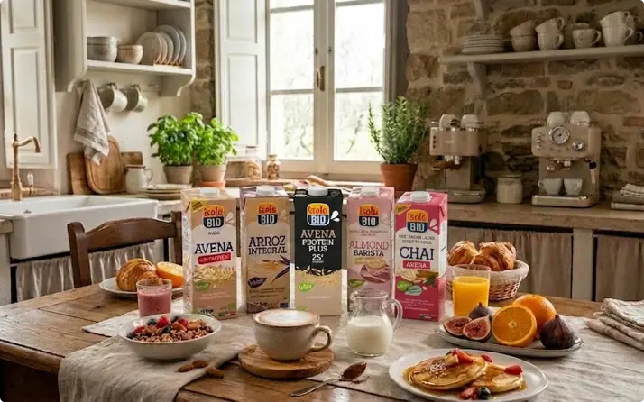 Desayuno con bebidas vegetales Isola Bio, fruta, cereales, café y tortitas en una mesa de cocina.