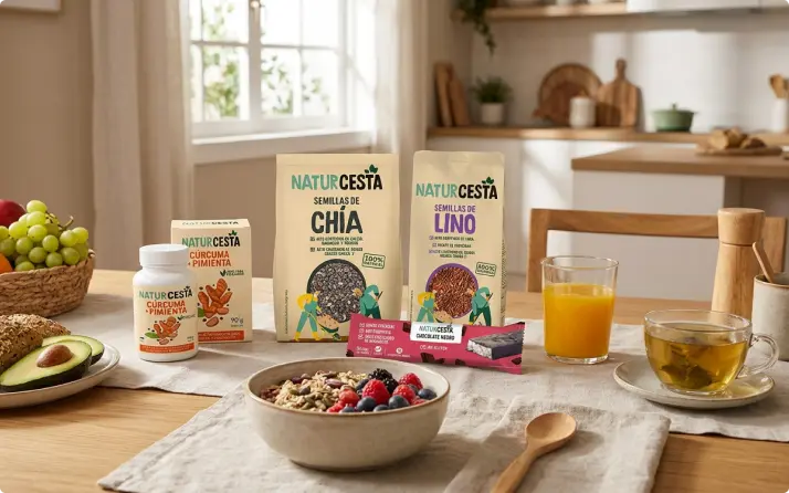 Productos ecológicos Naturcesta, como semillas de chía y lino, cúrcuma y snacks, junto a un desayuno saludable.