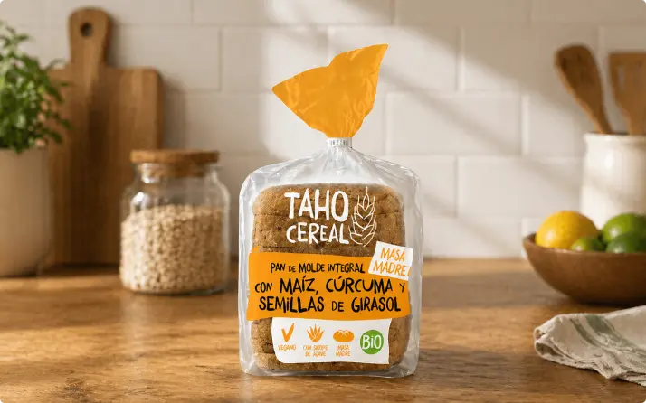 Paquete de pan de molde integral marca Taho Cereal.