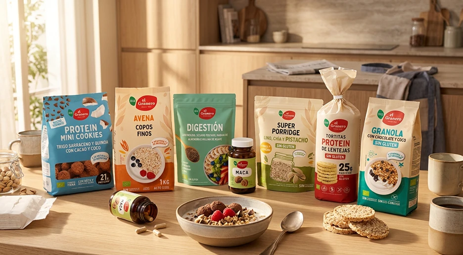 Productos ecológicos de El Granero Integral, como avena, granola, porridge, snacks proteicos y suplementos, sobre una mesa de cocina.