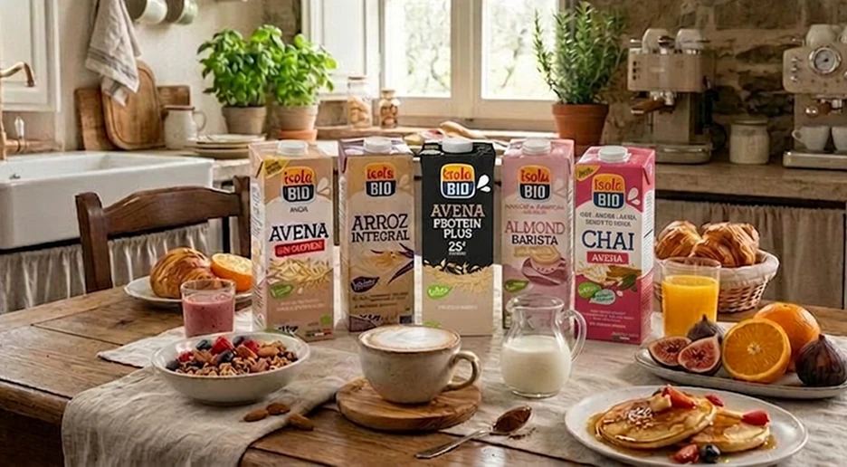 Desayuno con bebidas vegetales Isola Bio, fruta, cereales, café y tortitas en una mesa de cocina.