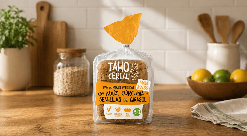 Paquete de pan de molde integral marca Taho Cereal.